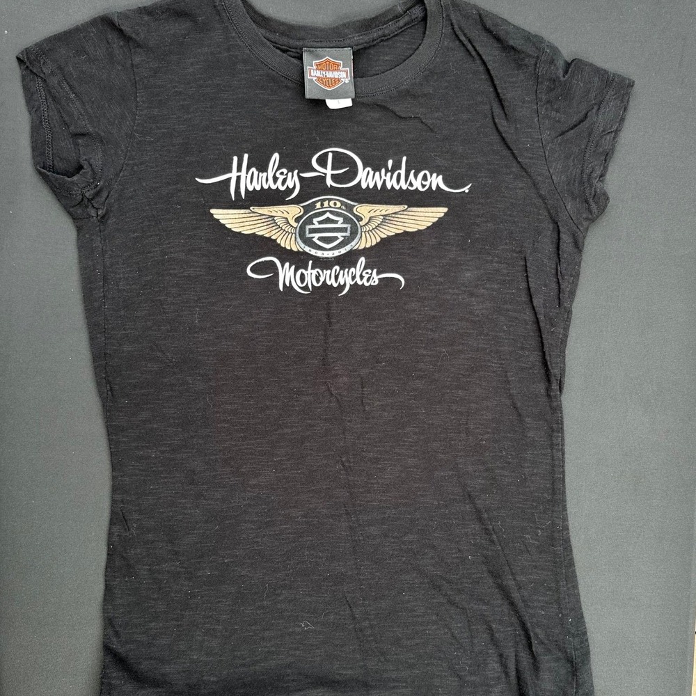 Harley-Davidson 110th Anniversary T-Shirt Womens L Black Faribault MN Graphic